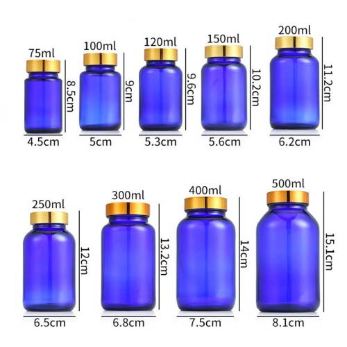 Botellas de vidrio para pastillas al por mayor | Frascos de medicina de vidrio azul para cápsula