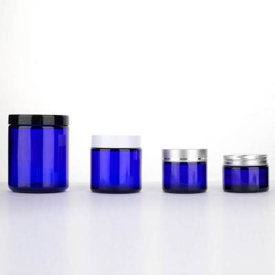Wholesale Blue Straight Sided Glass Cosmetic Jars 2oz 4 oz 8 oz | Provide Lids, Labels