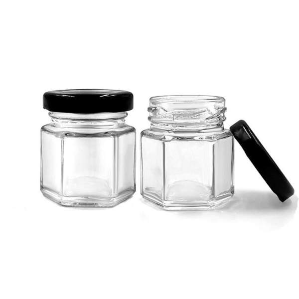 Wholesale Glass Hexagon Jars 45ml with Black Lids | Mini Kitchen Glass Storage Jars for Honey, Spices