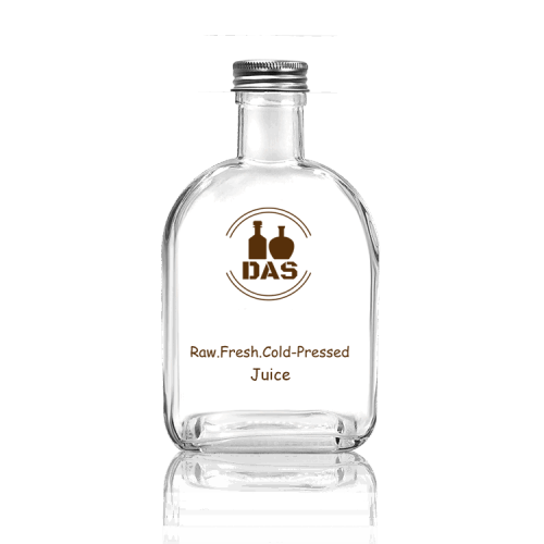 Custom Long Neck Flat Flask Glass Juice Bottles | Glass Beverage Bottles Wholesale with Aluminium Lid