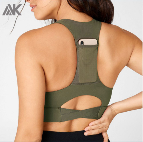Wholesale High Support Green V Neck Sports Bra for Running with Phone Pocket-Aktik