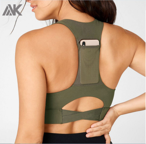 Reggiseno sportivo con scollo a V verde ad alto supporto all'ingrosso per la corsa con il telefono Pocket-Aktik