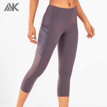 Custom Mid Waisted Womens Capri Leggings with Mesh Pockets and Panels-Aktik