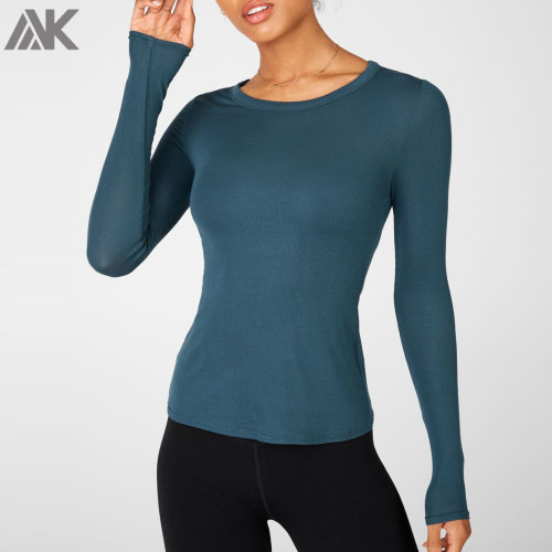 Custom T shirt Design Crew Neck Ribbed Slim Fit Long Sleeve T Shirts Women-Aktik