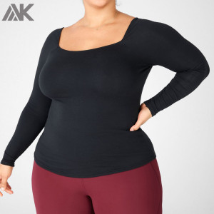 Custom Cotton Square Neck Fitted Long Sleeve Plus Size Women's T Shirts-Aktik