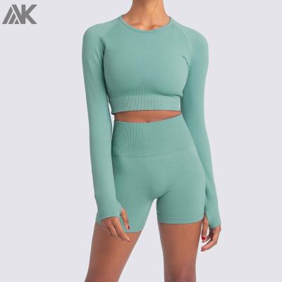 Custom Long Sleeve Yoga Set Crew Neck Crop Top Seamless Gym Wear for Women-Aktik