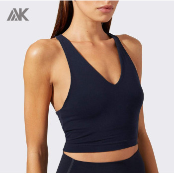 Custom V Neck Low Cut Padded Crop Top Racerback Long Sports Bra Tank Top-Aktik