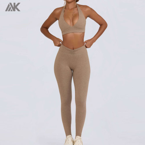Custom Plunge V-Neck Sports Bra Mid-rise V-shaped  Leggings Women's Yoga Fitness Suit-Aktik