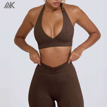 Custom Plunge V-Neck Sports Bra Mid-rise V-shaped  Leggings Women's Yoga Fitness Suit-Aktik