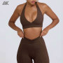 Custom Plunge V-Neck Sports Bra Mid-rise V-shaped Leggings Women's Yoga Fitness Suit-Aktik