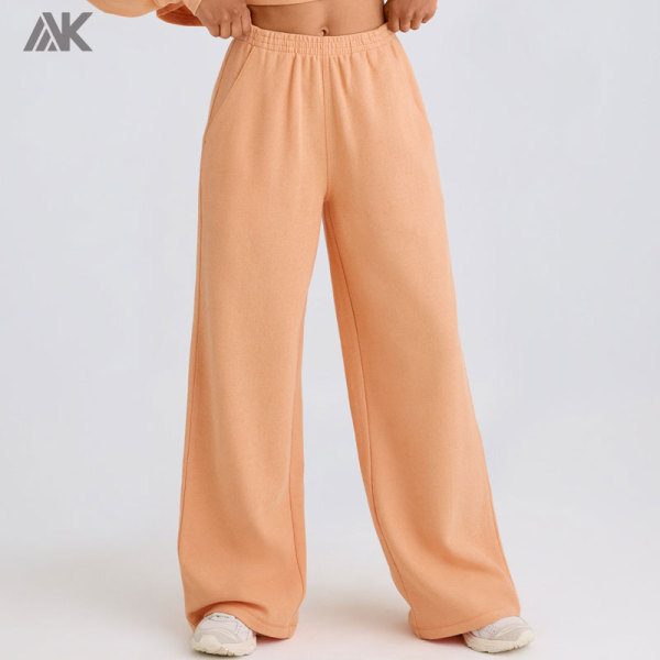 Custom Cotton Flares Pants With Side Slip Pockets Mid-rise Pull-on Women's Wide-leg Joggers Sweatpants-Aktik