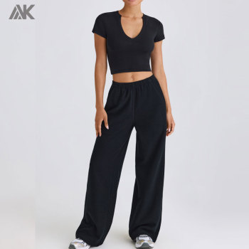 Custom Cotton Flares Pants With Side Slip Pockets Mid-rise Pull-on Women's Wide-leg Joggers Sweatpants-Aktik