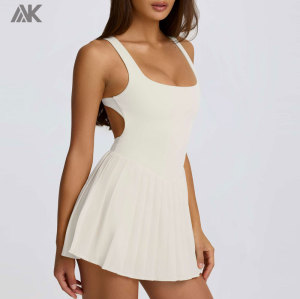 Custom Open-Back Pleated Tennis Dress Square Neck Sports Dresses  Built-in Mini Shorts With Slip Pocket-Aktik