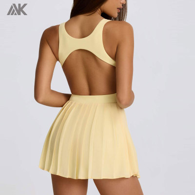 Custom Open-Back Pleated Tennis Dress Square Neck Sports Dresses  Built-in Mini Shorts With Slip Pocket-Aktik