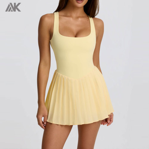 Custom Open-Back Pleated Tennis Dress Square Neck Sports Dresses  Built-in Mini Shorts With Slip Pocket-Aktik