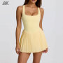 Custom Open-Back Pleated Tennis Dress Square Neck Sports Dresses Built-in Mini Shorts With Slip Pocket-Aktik