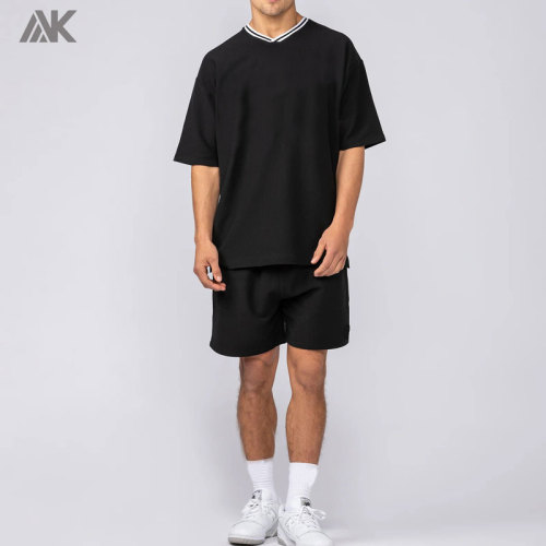 Custom Rib Cotton  Men's Oversize T-shirt Ontrast Stripe Ribbed V Neckline  Men Everyday Jersey-Aktik