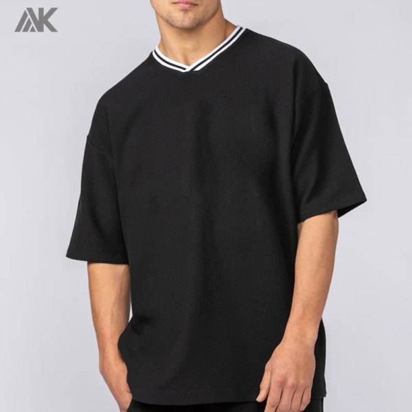 Custom Rib Cotton Men's Oversize T-shirt Ontrast Stripe Ribbed V Neckline Men Everyday Jersey-Aktik