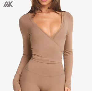 Custom Classic Styles Women's Full-length Sleeve T shirts Plunge Neckline Rayon Wrap Top-Aktik