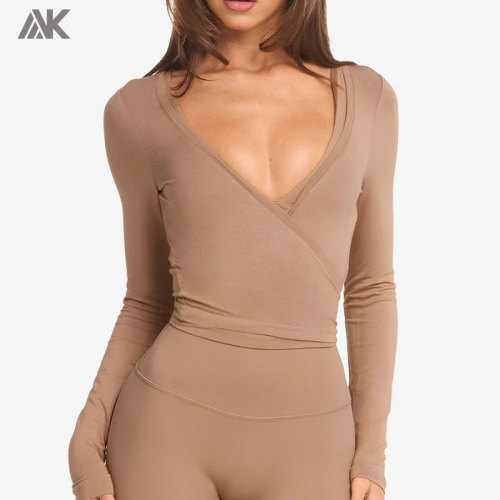 Custom Classic Styles Women's Full-length Sleeve T shirts Plunge Neckline Rayon Wrap Top-Aktik