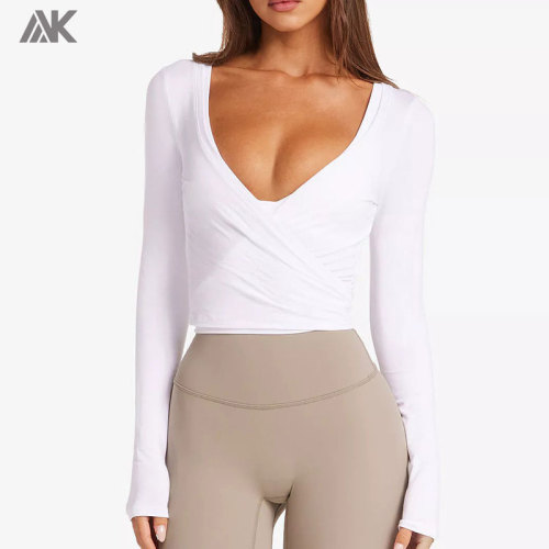 Custom Classic Styles Women's Full-length Sleeve T shirts Plunge Neckline Rayon Wrap Top-Aktik