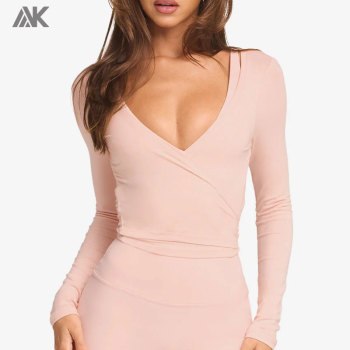 Custom Classic Styles Women's Full-length Sleeve T shirts Plunge Neckline Rayon Wrap Top-Aktik