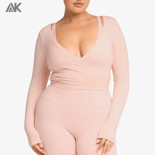 Custom Classic Styles Women's Full-length Sleeve T shirts Plunge Neckline Rayon Wrap Top-Aktik