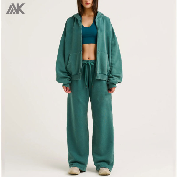 Custom Fleece Zip-Up Hoodie And Wide Leg Sweatpant New Women's Tracksuits-Aktik