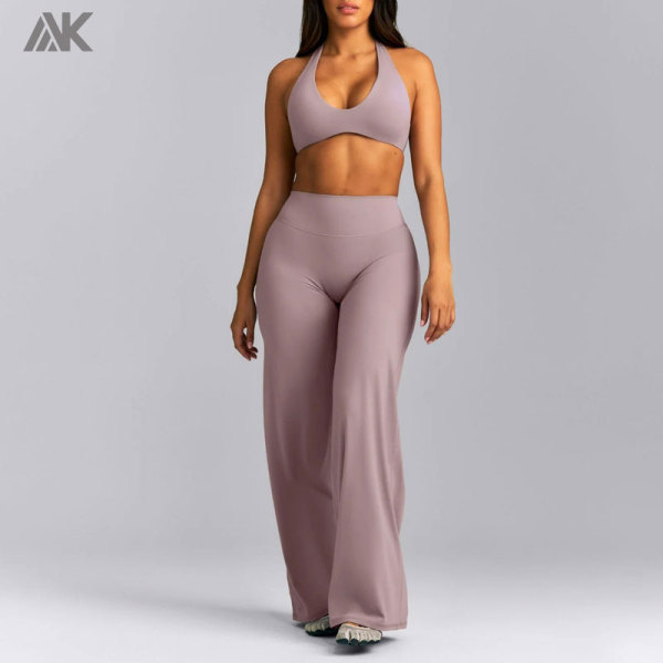 Custom Women's Straight Leg Pants And Minimal Halter Neck Bralette Active Sets -Aktik