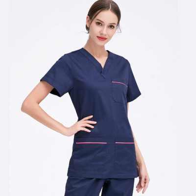 Spa Attendant Uniform For Women | V-neck Short Sleeve Navy Blue Cotton Spa Uniform | Spa And Salon Uniforms Wholesale