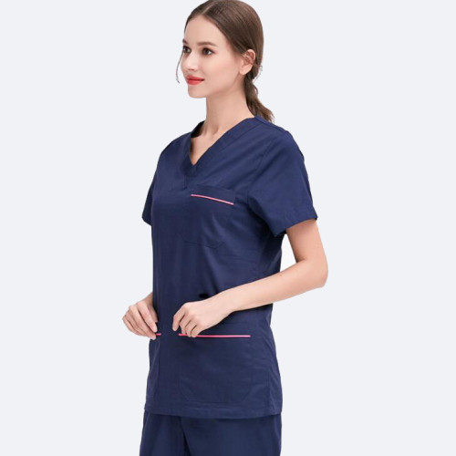 Spa Attendant Uniform For Women | V-neck Short Sleeve Navy Blue Cotton Spa Uniform | Spa And Salon Uniforms Wholesale