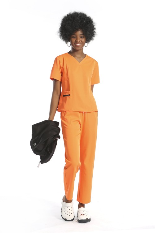 护理制服磨砂套装带背心 |橙色短袖抽绳磨砂套装|批发护士工作服