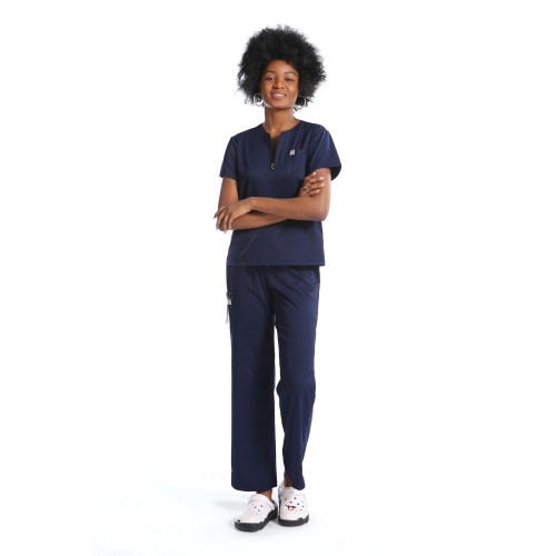 Conjuntos de uniformes de limpieza para enfermeras | Uniformes de hospital elásticos de manga corta con cremallera y media tapeta | Uniformes médicos de calidad personalizados