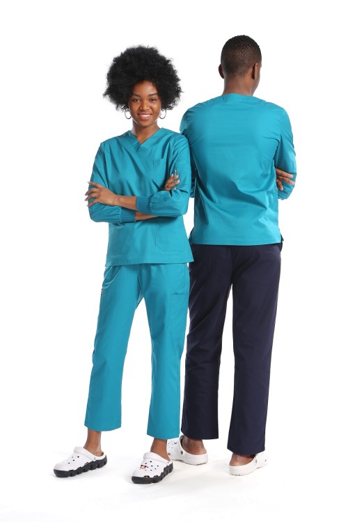 护士男女通用防水磨砂制服| 8 口袋长袖磨砂制服套装 |磨砂制服批发