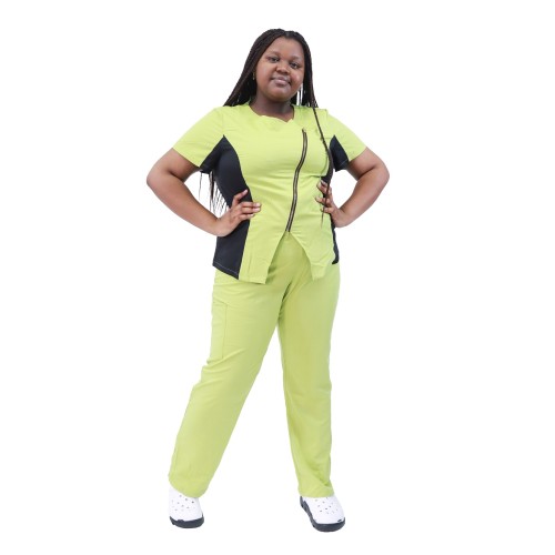 Uniformes médicos para mujer Tallas grandes | Blusas Médicas Y Pantalones De Color Block De Manga Corta Con Cremallera Frontal | Venta al por mayor Proveedor de uniformes de limpieza