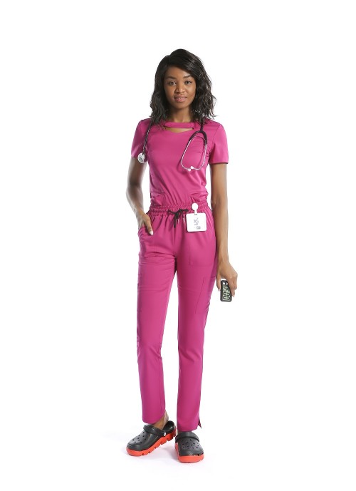 Cheap Scrub Uniforms For Nurses | Slim Hole-neck Scrub Tops | Slit Hem Scrub Pants For Women | Custom Fashion Scrub Uniforms