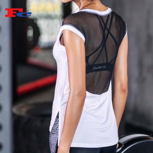 wholesale athletic shirts Black and white mesh splicing short sleeve fitness running T-shirt