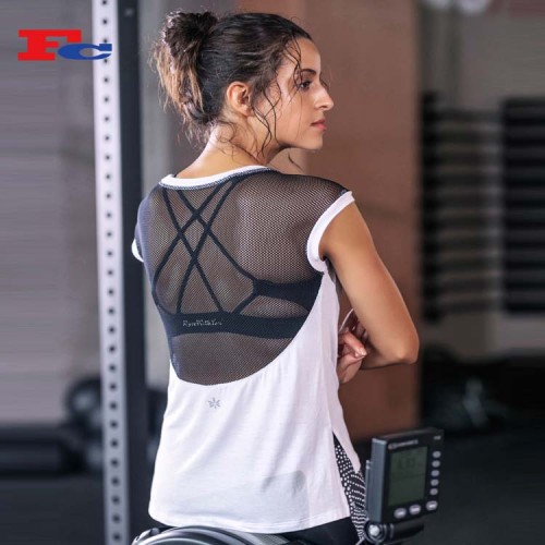 wholesale athletic shirts Black and white mesh splicing short sleeve fitness running T-shirt