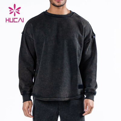 OEM Custom Logo Washed Process Slim-Fit Men Black Sweatshirts China Factory Manufacturer