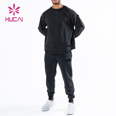 OEM Custom Logo Washed Process Slim-Fit Men Black Sweatshirts China Factory Manufacturer