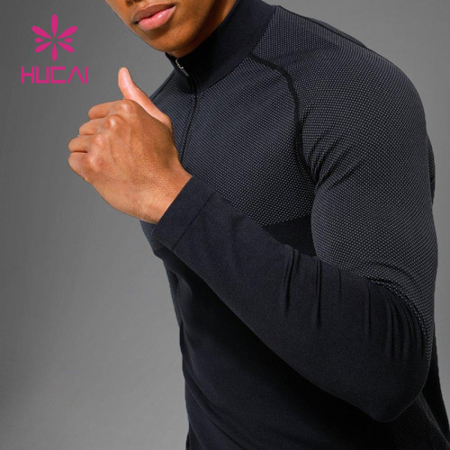 Custom Half Zipper Long Sleeve Mens Mesh Stitching T Shirts Fitness Apparel Supplier