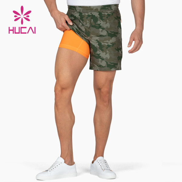 OEM Mens 2 in1 Double Layers Elastic Camouflage Shorts Manufacturer