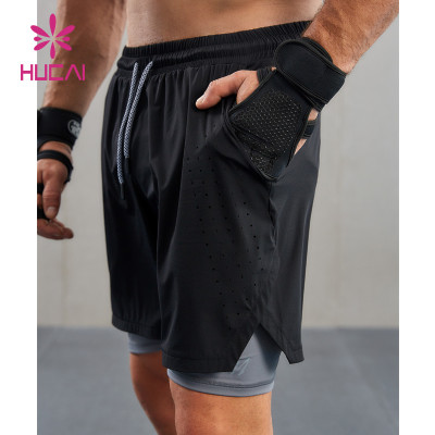 HUCAI Custom Sports 2 In 1 Shorts Double Laser Cutting Invisible Zipper Design