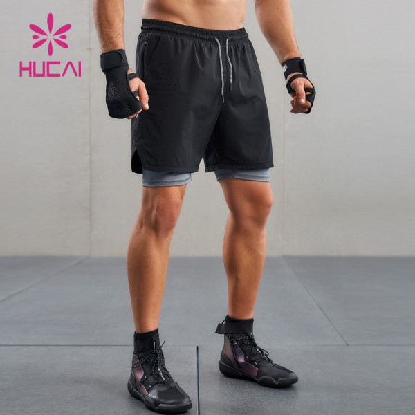 HUCAI Custom Sports 2 In 1 Shorts Double Laser Cutting Invisible Zipper Design