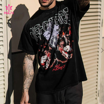 HUCAI Private Label Sports Washed Shirts Oversized Screen Printed Tee Manufacturer