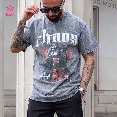 HUCAI Private Label Sportswear Washed Shirts Oversized Screen Printed Cotton Tee Manufacturer