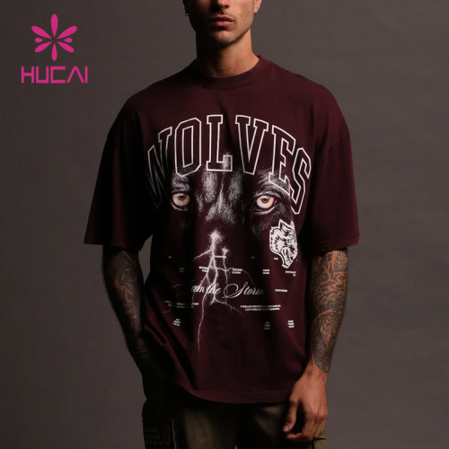 HUCAI Private Label Sportswear Loose T-shirts Oversized Screen Printed Cotton Tee Manufacturer
