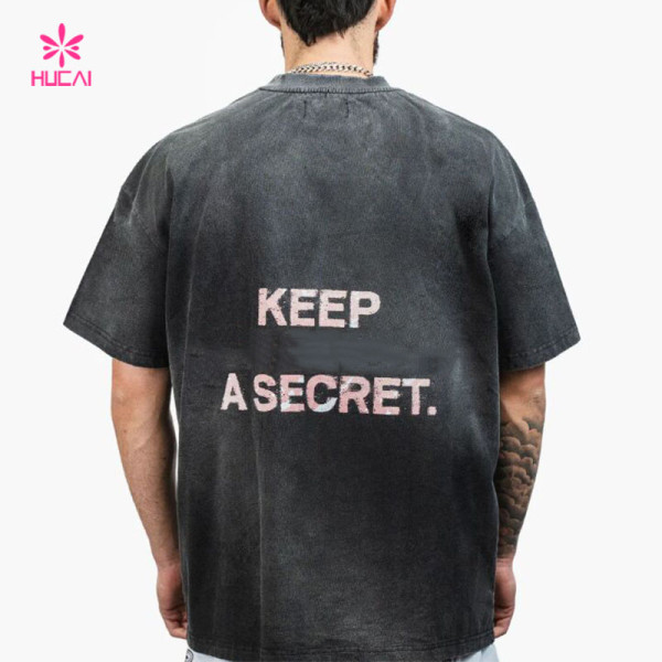 HUCAI Private Label Sportswear Washed Loose T-shirts Oversized Screen Printed Cotton Tee
