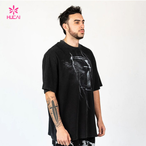 HUCAI Private Label Sportswear Gym Washed Loose T-shirts Oversized Screen Printed Cotton Tee