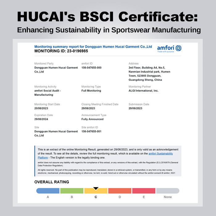 HUCAI's BSCI Certificate: Enhancing Sustainability in Sportswear Manufacturing